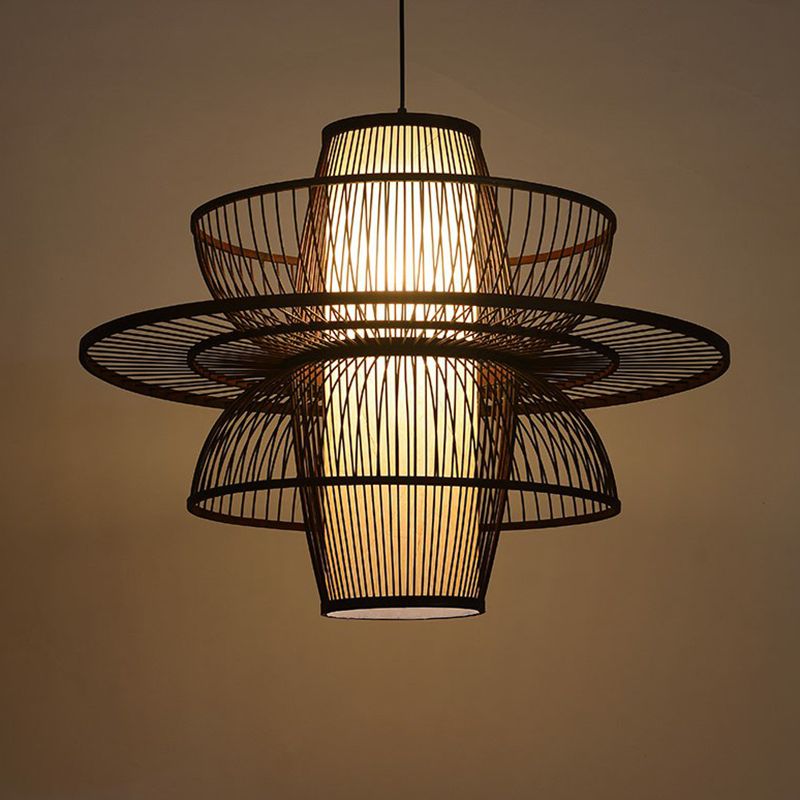 Coffee Cage Suspension Light Chinese Style 1-Light Bamboo Pendant Lighting Fixture