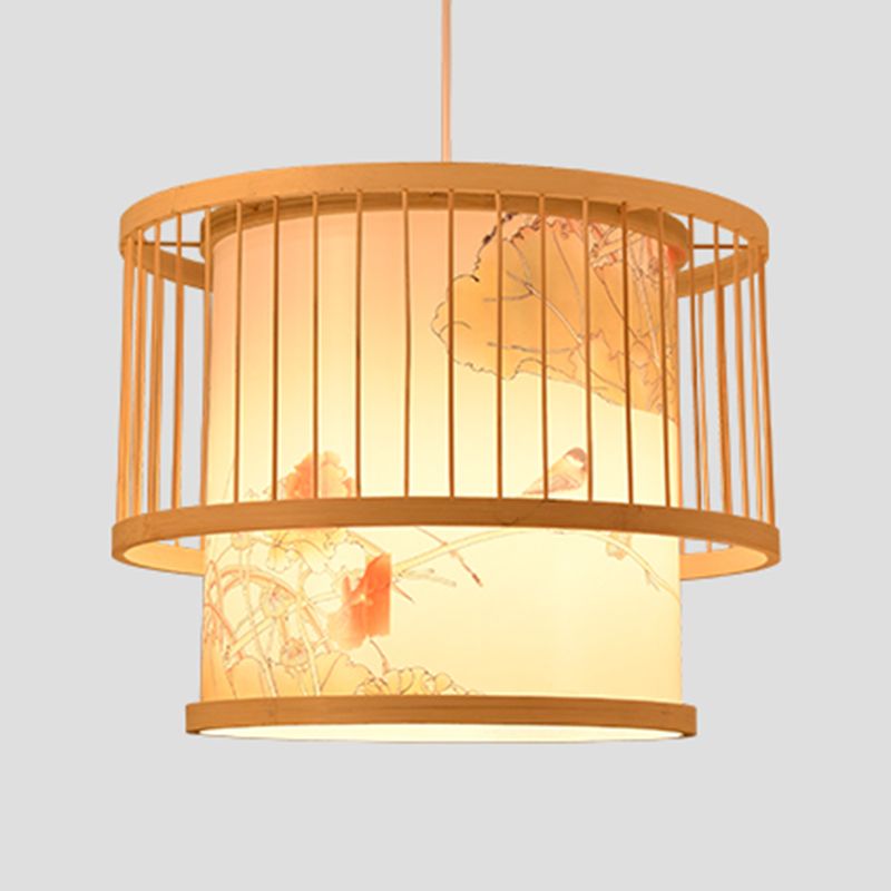 Beige Bamboo Hanging Light Fixture Asian 1-Light Suspension Pendant Light for Restaurant