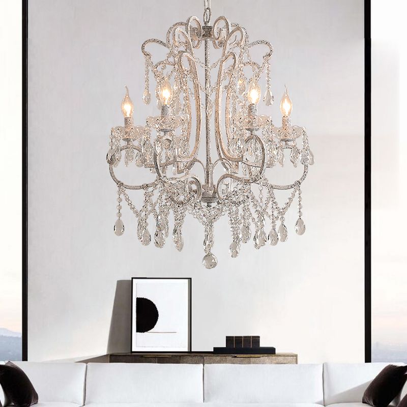 Antique Candlestick Ceiling Lighting Metallic Chandelier Light Fixture with Crystal Bead Decor in White