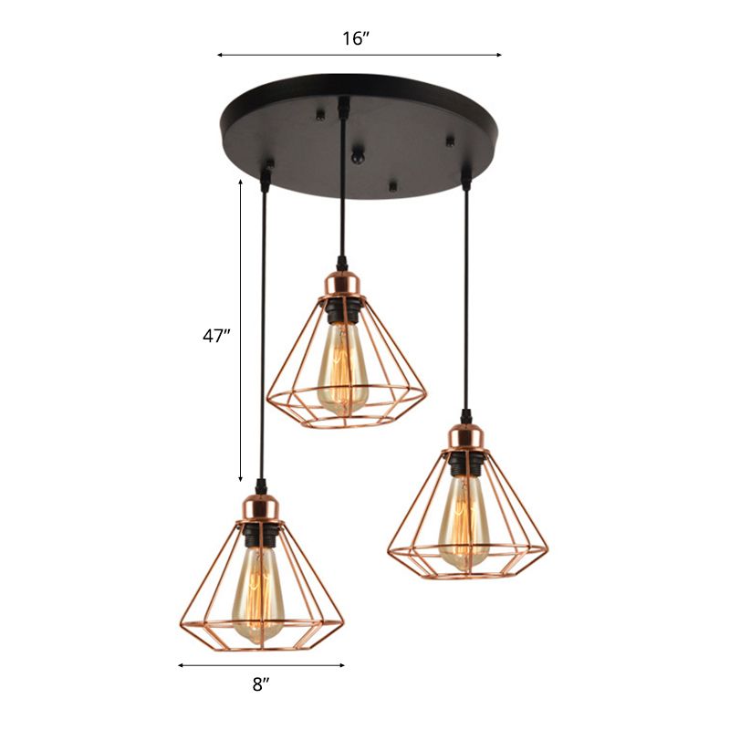 3 Lights Metal Pendant Lamp Loft Style Polished Copper Diamond Caged Indoor Hanging Fixture in Black Finish