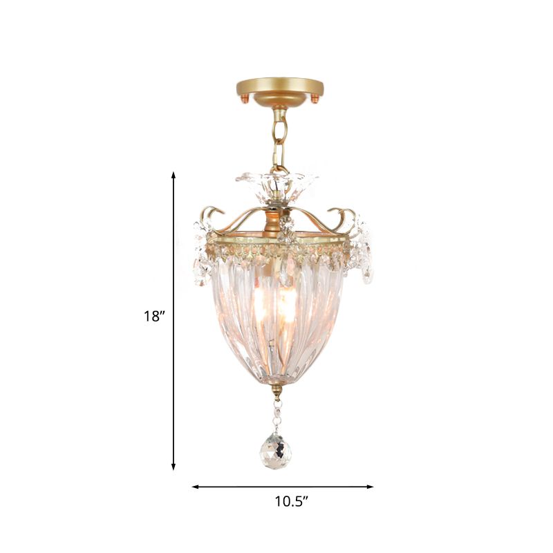 Gold 1 Bulb Semi Flush Ceiling Light Traditional Ribbed Crystal Bell Flush Mount Fixture