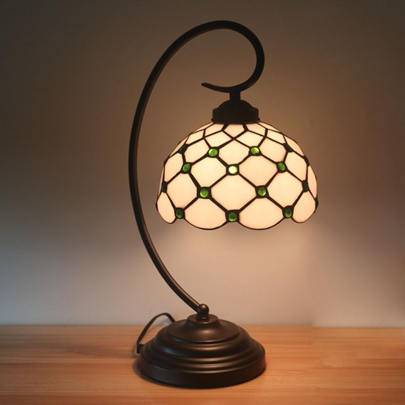 Bronze Bowl Night Table Lamp Tiffany 1 Head Beige/White Glass Clear/Blue/Green Beaded Patterned Desk Light with Swirl Arm