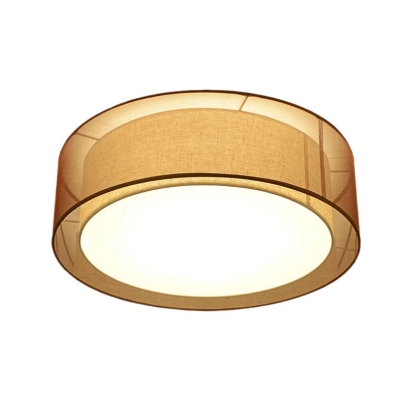 Brown Cylindrical Ceiling Light in Traditional Classic Style Wrought Iron Indoor Flush Mount with Flax Fabric Shade