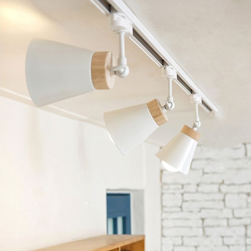 Nordic Modern Ceiling Track Lighting Cone Shaped Shade Solid Wood Spotlight for Living Room Background Wall and Clothing Store