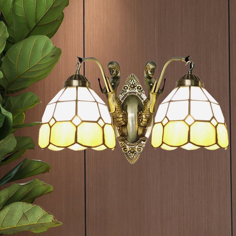 2-Head Domed Wall Mount Lighting Tiffany Dark Blue and White/Orange and White Stained Glass Mermaid Wall Sconce with Grid Pattern