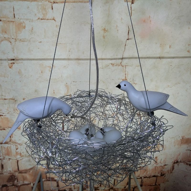Aluminum Nest-Like Pendant Light Decorative Children Room LED Suspension Lamp with Bird Design in Silver