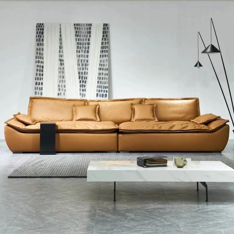 Pillow Top Arm Standard Settee Couch with Pillows in Brown for Living Room