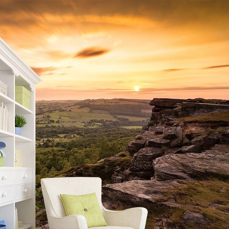 Big Modern Mural Wallpaper Brown Aerial Scenery of Village at Mountain Foot Wall Covering, Made to Measure