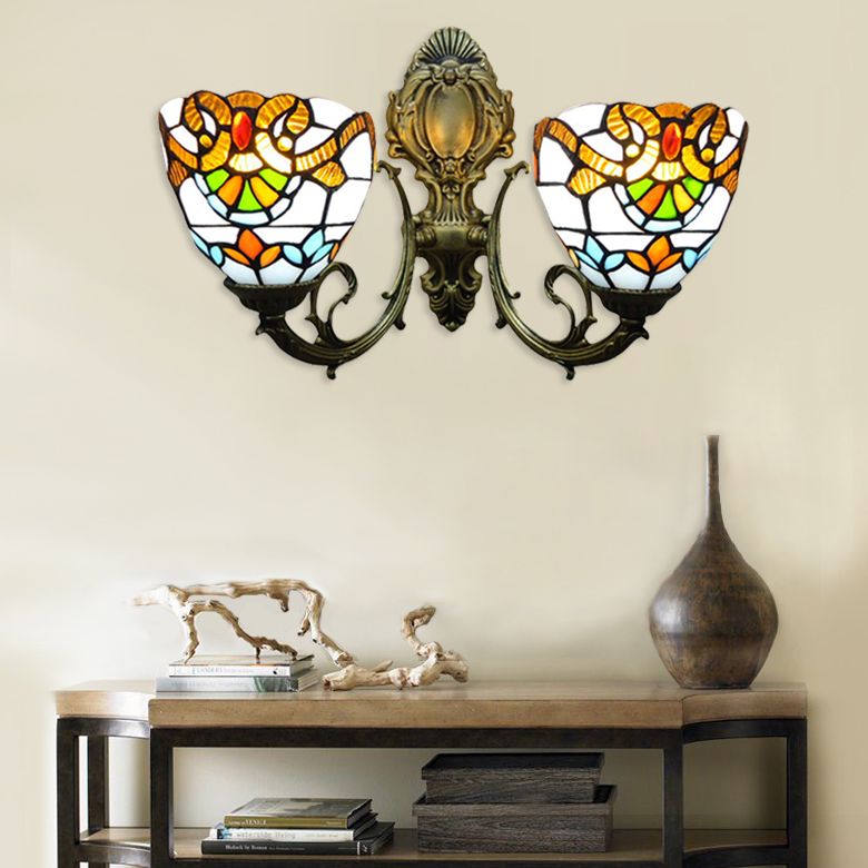 Stained Glass Bowl Wall Lamp with Curved Arm Baroque 2 Heads Wall Sconce Lighting in Aged Brass