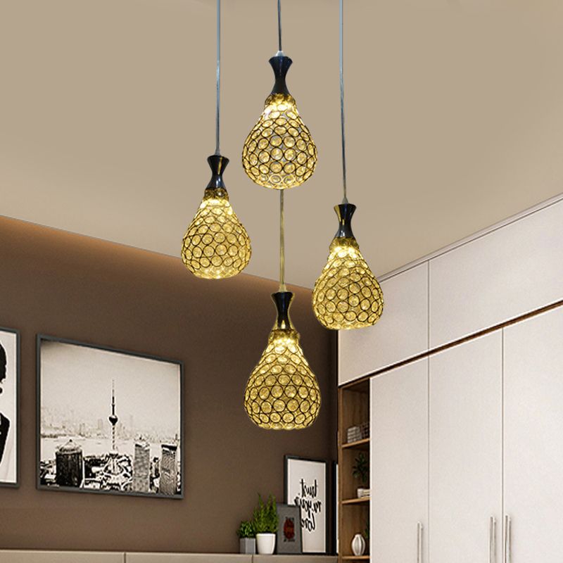 Crystal Teardrop Multi Pendant Light Contemporary 4 Bulbs Dining Room Suspension Lamp in Chrome/Gold