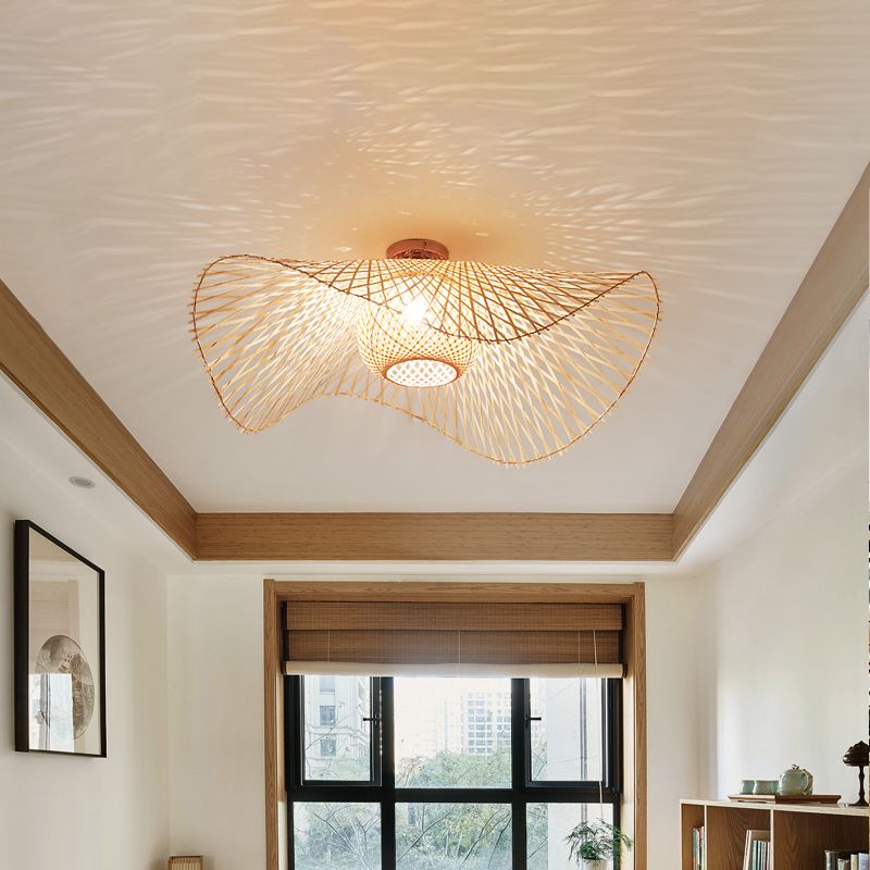 Montage semi-encastré japonais en bambou travaillé à la main, 1 ampoule, éclairage proche du plafond, beige