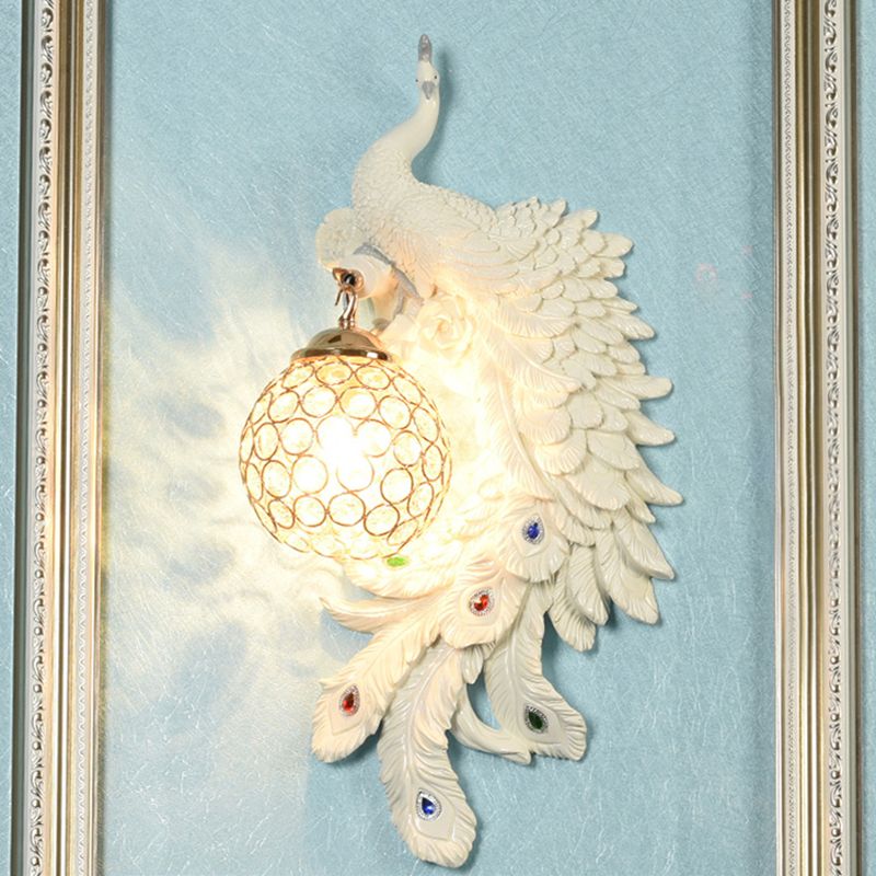 Double/Right/Left Peacock Wall Lamp Country Resin 1 Bulb Sconce Light Fixture with Clear Crystal Shade in White/Blue Finish, 1/2-Pack