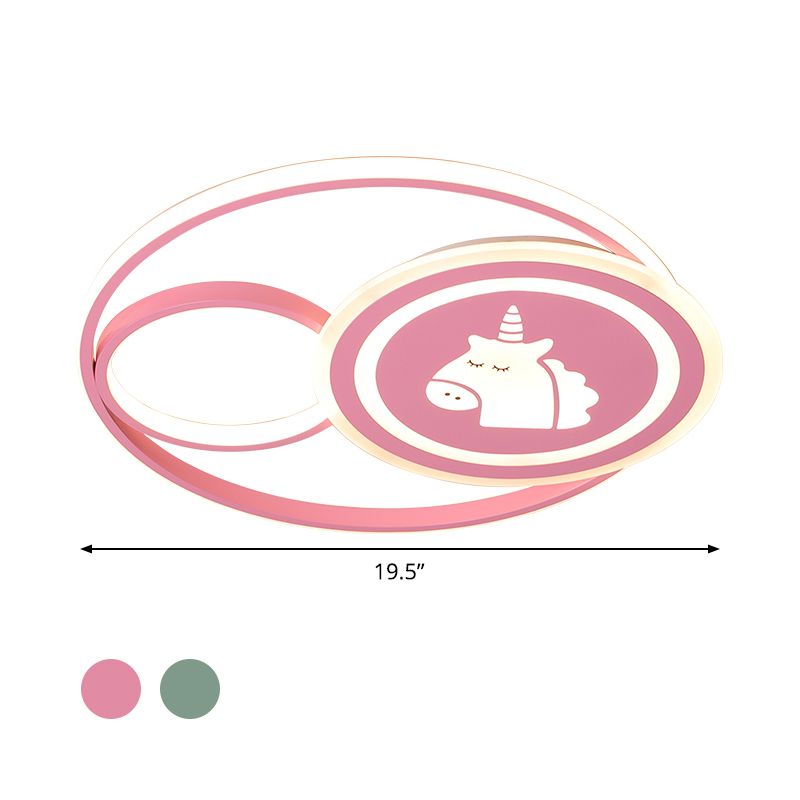 Acrylic Circle Ceiling Mounted Fixture Cartoon LED Flushmount in Pink/Green with Dinosaur/Unicorn Pattern, White/Warm Light