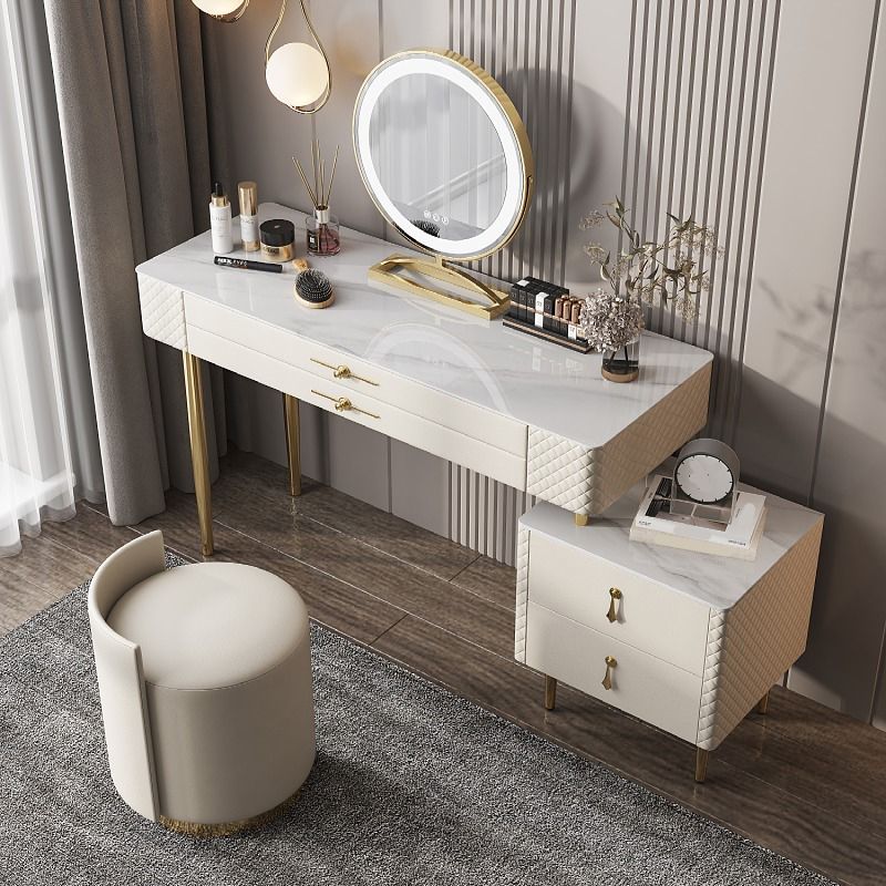Slate Top Makeup Vanity Set with Drawer, Glam Wooden Dressing Table