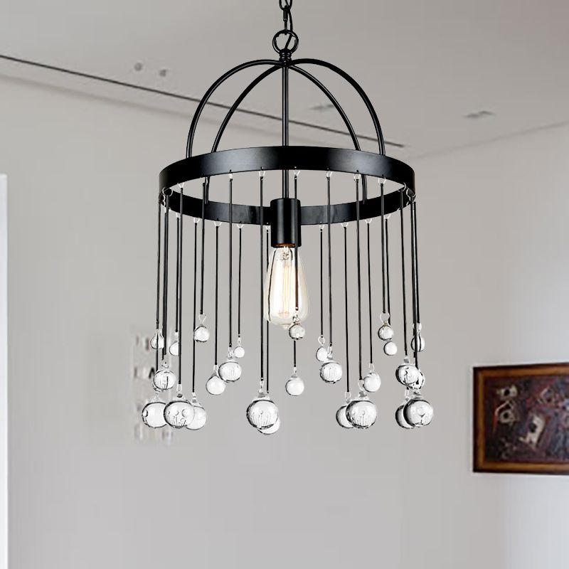 Lámpara de suspensión de estilo industrial de colgante colgante de anillo de 1 luces con bola de cristal deco en negro