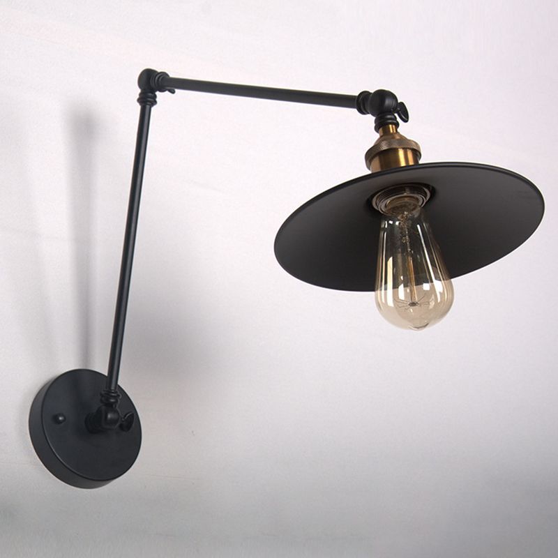 2-Sections Swing Arm Industry Style Wall Lamp Black Metal Cone Shade 1-Light Retro Sconce Lights