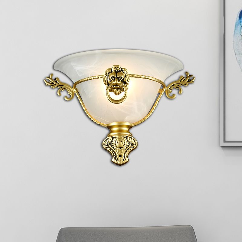1 Bulb Trumpet Wall Lamp Colonialist Opal Glass Sconce Light Fixture with Copper/Brass Lion Metal Deco for Bedside