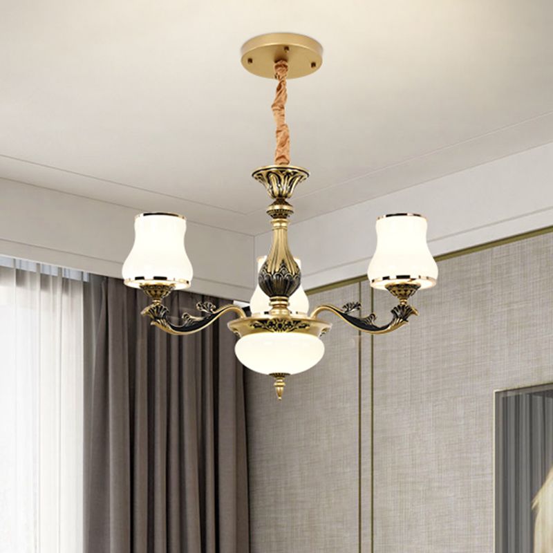 Minimalisme trompet hanglamp 3/6 lampen melkachtig glas hangende kroonluchter met bochtige arm in zwart-goud voor woonkamer