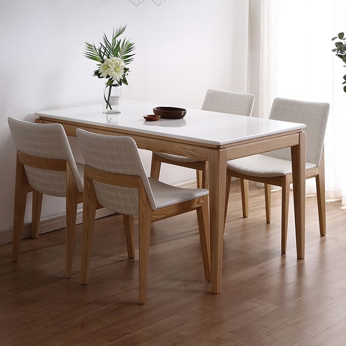 Middeleeuwse moderne marmeren rechthoekige tafel witte tafel met houten basis en 4 poten