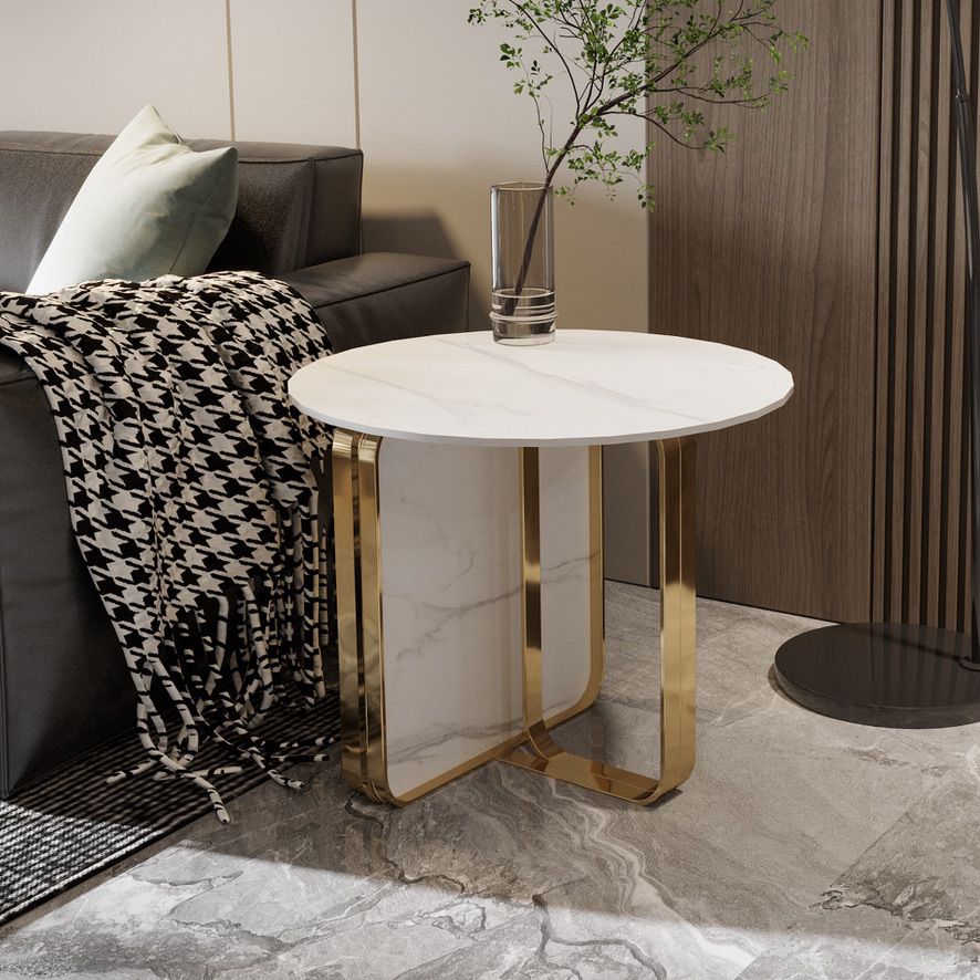 Contemporary Gold Metal Sofa Side Accent Table with Sintered Stone Top