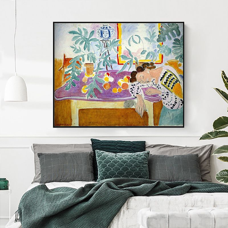 Fauvism Matisse Napping Painting Green Dining Room Wall Art, Textured Surface
