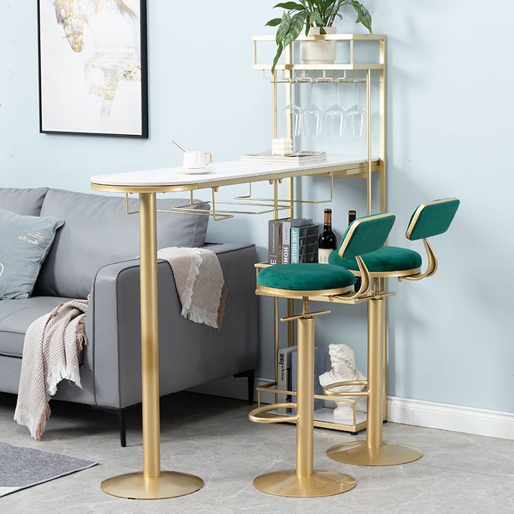 White Stone Indoor Glam Bar Dining Table Iron Double Pedestal Bistro Table with Wine Rack