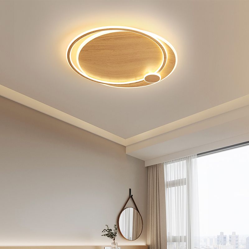 Modernism Round Flush Mount Ceiling Light Fixture in Wood Color for Bedroom