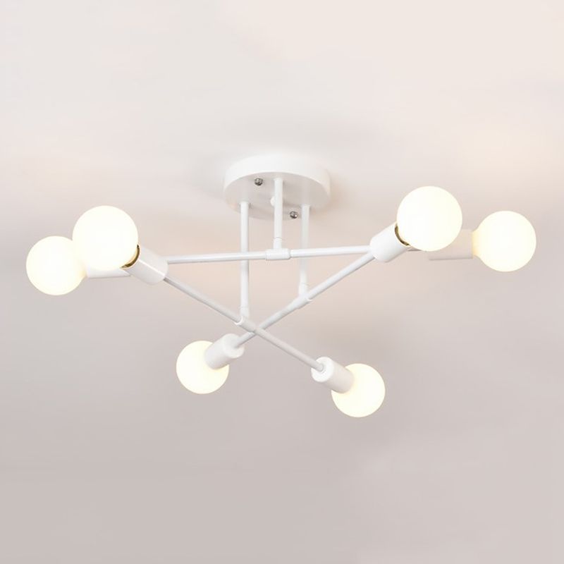 Industrial Vintage 6-Light Ceiling Light Wrought Iron Bare Bulb Semi Flush Mount for Living Room