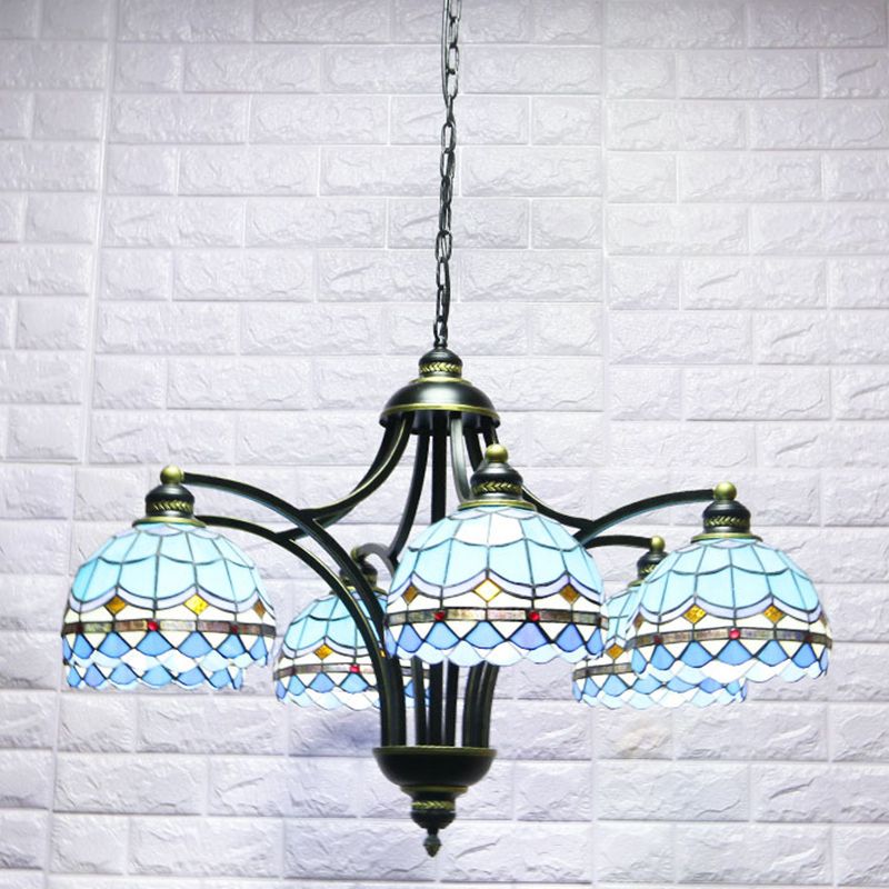 Lampadario in vetro blu color tiffany tiffany a 6 luci 2 23,5 ", ampio soggiorno appeso alla catena regolabile