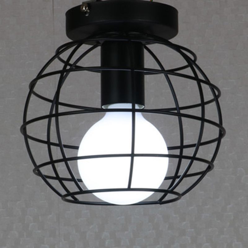 Black 1-Light Semi Flush Ceiling Light in Industrial Vintage Style Wrought Iron Flush Mount with Iron Frame