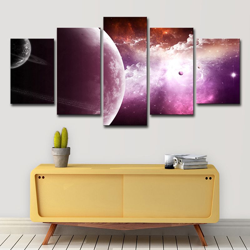 Nebula and Planet Wall Art Fictional Splendid Space Scenery Canvas Print in Purple