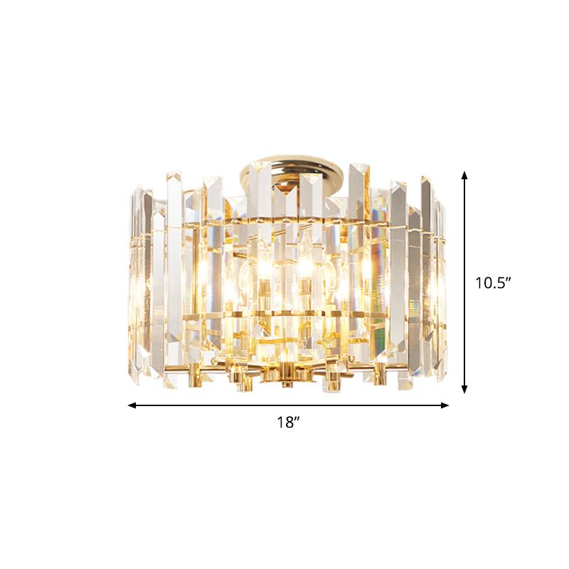 6 Lights Prismatic Crystal Semi Flush Mount Modern Gold Drum Shaped Foyer Close to Ceiling Lamp