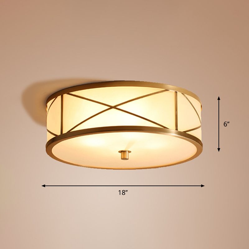 Simplicity Drum Flushmount Lighting Opal Glass Ceiling Mounted Fixture with X Brace in Brass