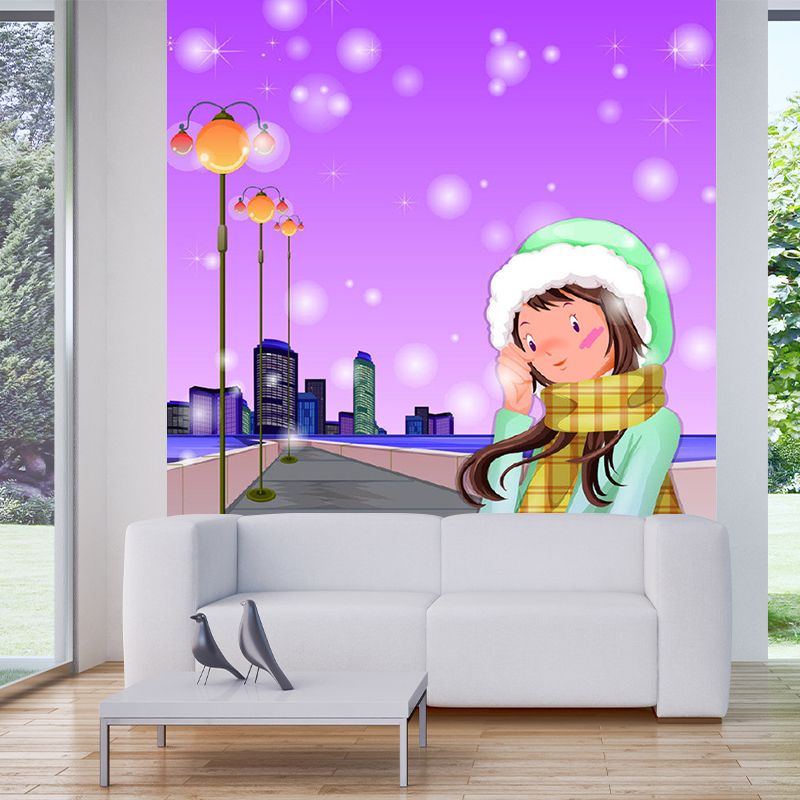 Cartoon Girl on Road Murals Purple Environment Friendly Wall Covering for Bedroom