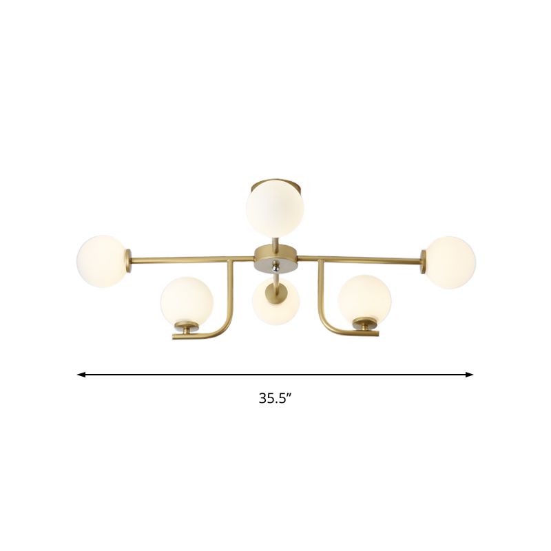 Semi-plafondlamp met meerdere staven met glazen bol, modern metaal, 6/10 koppen goud, inbouwmontage voor woonkamer