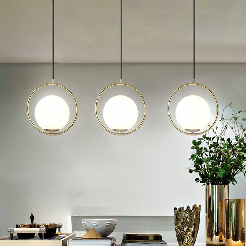 Globe Dining Room Suspension Lamp Milky Glass 1 Bulb Modern hanglamp met koperen lus