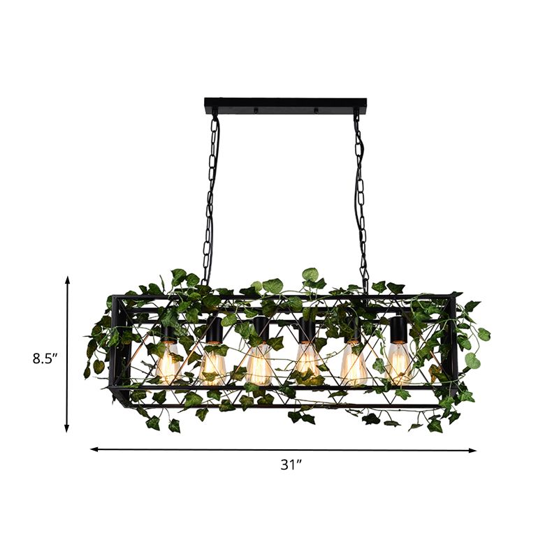 6 Heads Metal Island Pendant Antique Black Rectangular Restaurant LED Down Lighting with Plant Decor