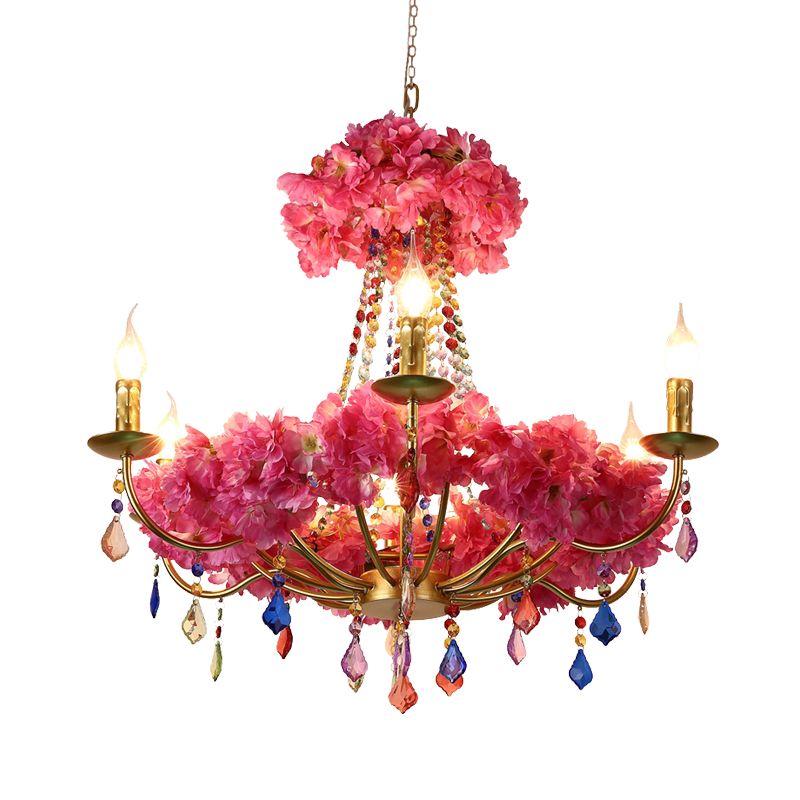 La lampe de lustre à fleur rose métallique candélabre 6 bulbes antique LED suspendu plafond plafond avec cristal pendante