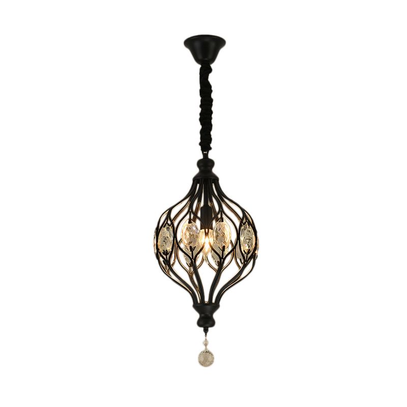 Wire Cage Pendant Light Fixture Contemporary Metal 1 Light Black/Brass Pendulum Light with Crystal Accent