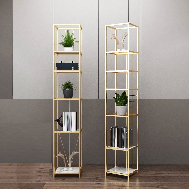 Gold and Black Metal Shelf Bookcase Bedroom Vertical Bookshelf with Shelves
