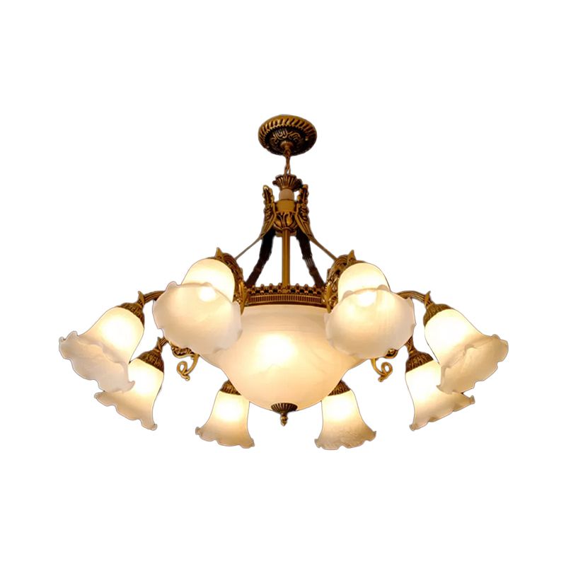 Flower Milky Glass Chandelier Lighting Farmhouse 11 Heads Dining Room Hanging Pendant in Bronze