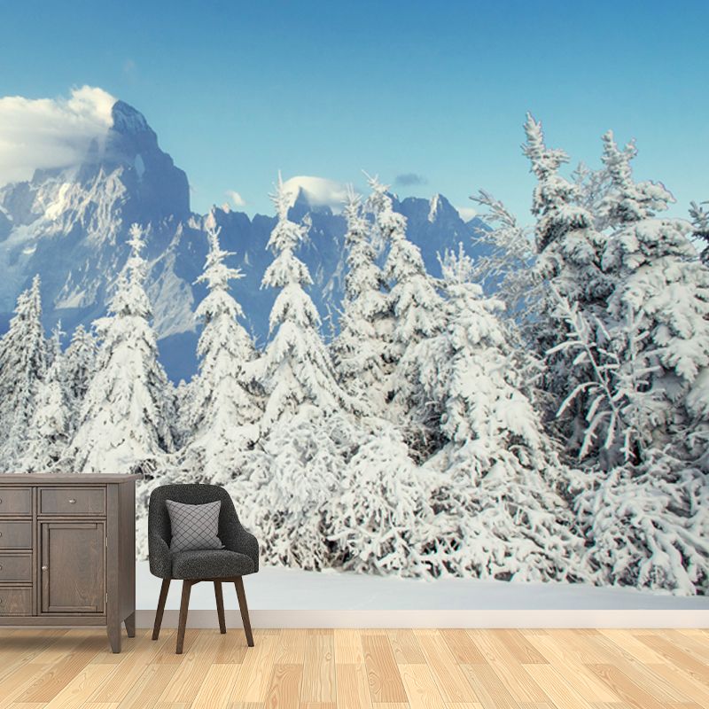 Winter Snow Cypress Scenery Mural Modern Non-Woven Fabric Wall Covering in White
