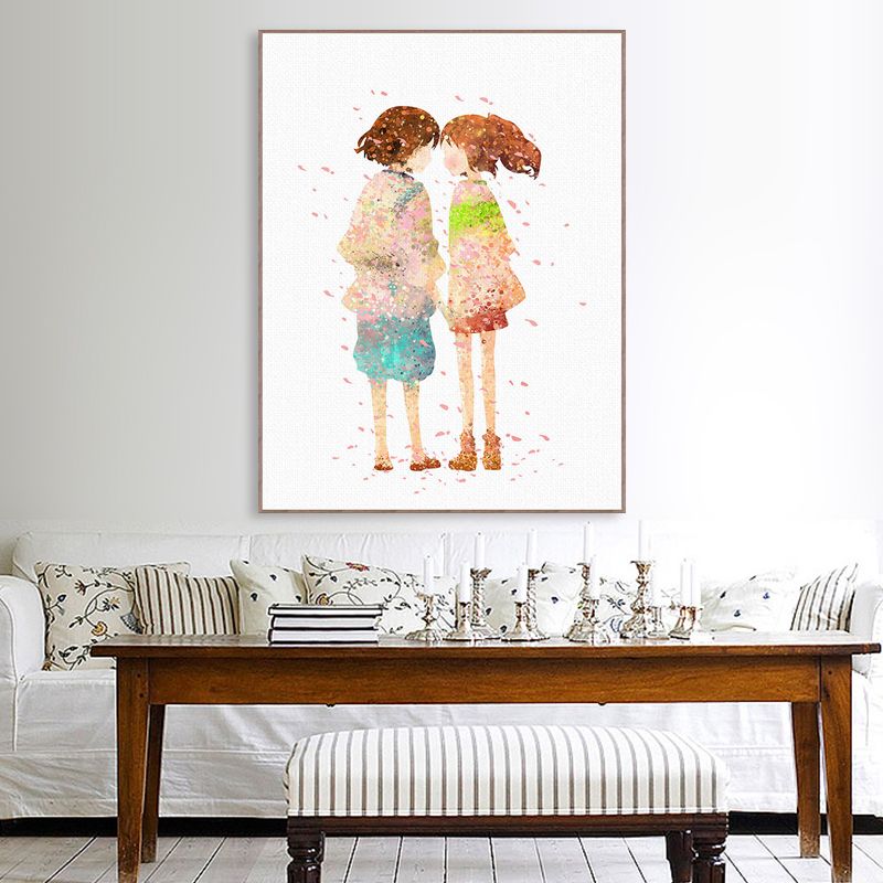 Puppy Love Painting Art Print Textured Cartoon Girls Bedroom Wall Decor in Orange