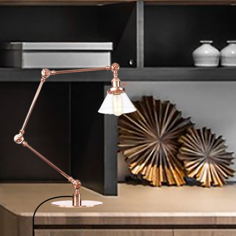 Table conique de style industriel clair Ambre / verre transparent et métal 1 lampe de table de chambre à coucher légère avec bras réglable en noir / laiton