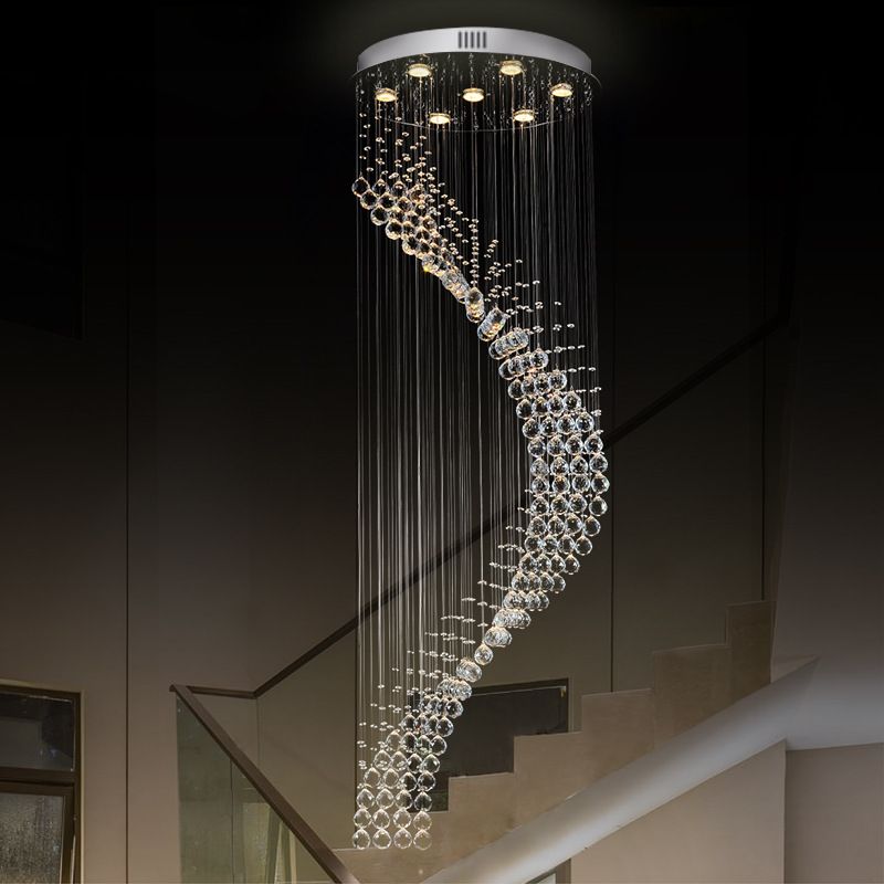 Luz de techo múltiple espiral modernista 7 Bombullas Lámpara colgante de cristal en plata