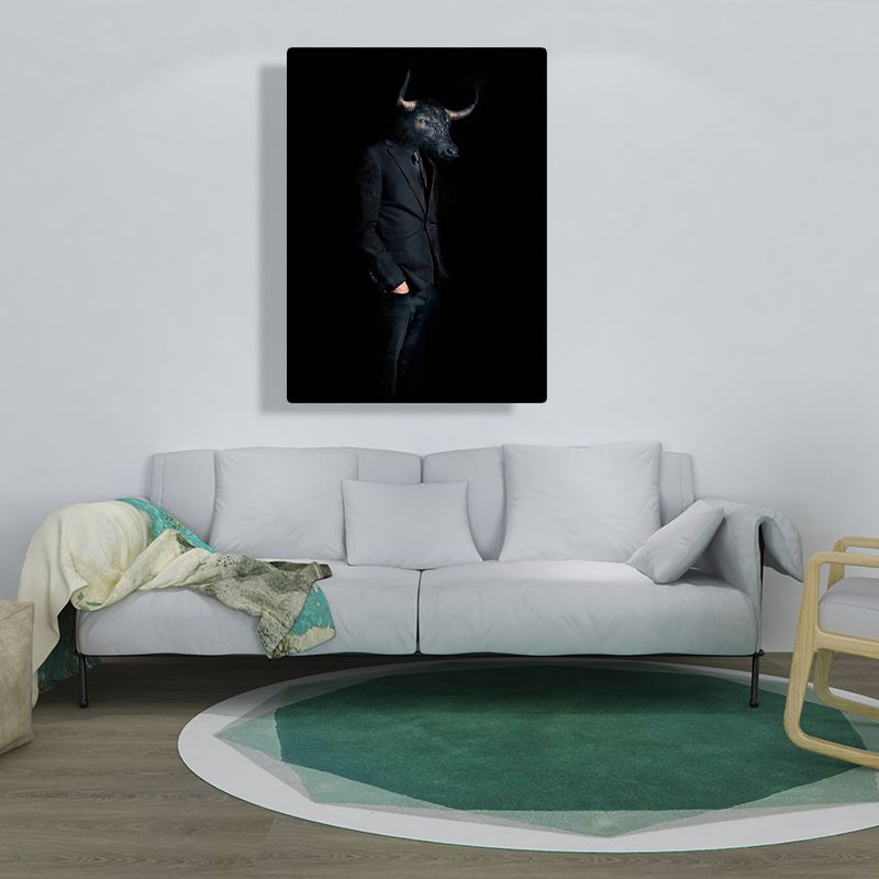 Ox Gentleman Canvas Art Kids Style Textured Wall Decoration in Black for Living Room