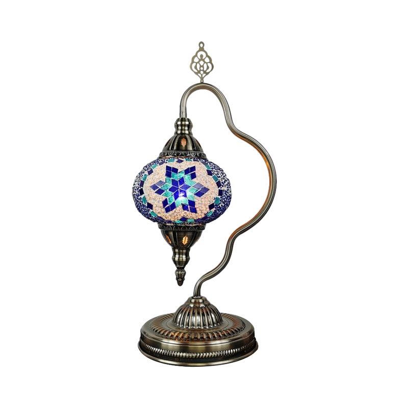 Stained Art Glass Globe Table Lamp Art Deco 1 Head Restaurant Night Light with Curvy Arm in White/Red/Yellow