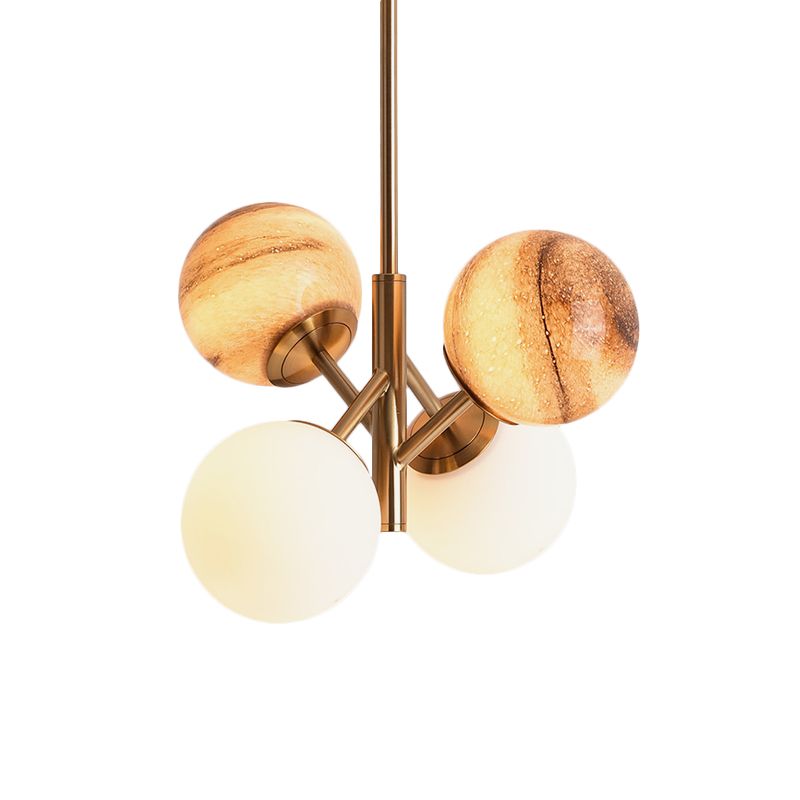 Brass Ball Hanging Lamp Kit Cartoon 4 Heads Multicoloured Glass Ceiling Pendant with Straight Arm