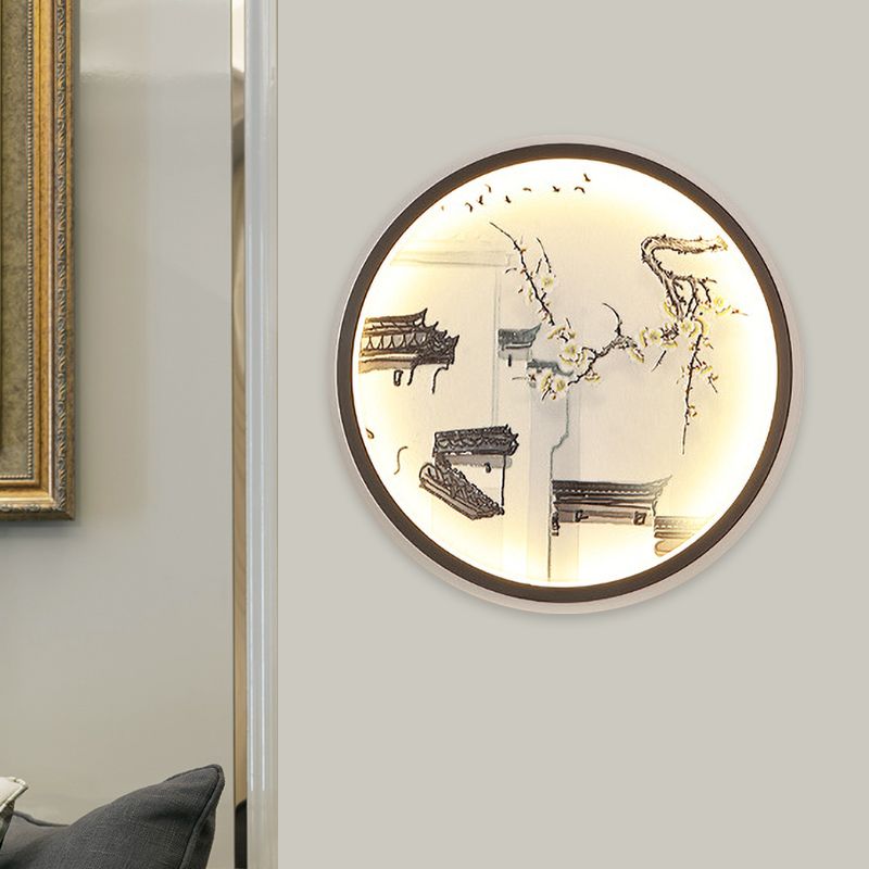 Chinese Ancient Town Metal Mural Light LED Flush Mount Wall Sconce in Black for Living Room