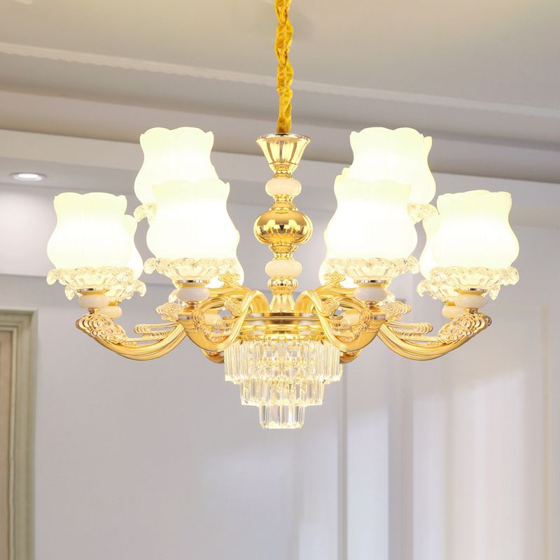 Gold Chandelier Light Retro Opal Glass Bud Pendant Light Fixture with Tiered Crystal Decor